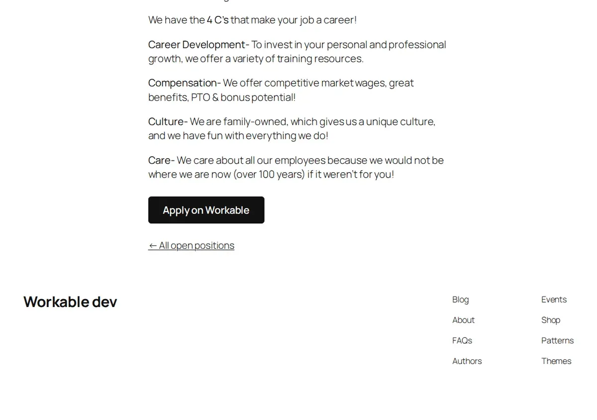 Job page apply area showing the Apply on Workable button used when no API token is configured